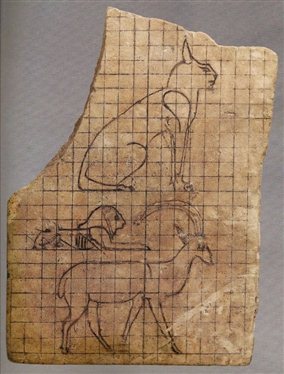 图 6包括猫在内的一些动物的标准图像范式，以古埃及传统的“格子画”方式，得以保留在画师的石板草图上；石灰石画像砖，后期埃及（公元前 664-前332 年），卢浮宫，法国巴黎