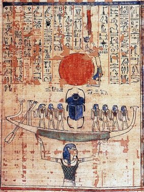 图 18 努恩（Nun）在“原初之水”中托举初生的太阳神降临世间，安海（Anhai）纸草，现藏于大英博物馆