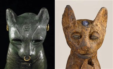 图 21左：“盖尔·安德森猫”头顶细节；右：纽约布鲁克林博物馆收藏的木猫雕像头顶细节